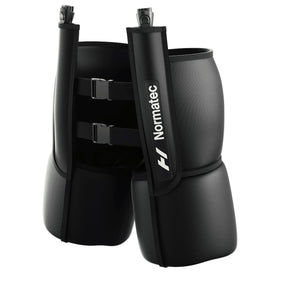 A pair of Normatec Hip Attachments for compression and massage, primarily black in color with branding visible.