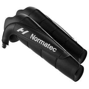 Normatec Arm Attachment designed for rehabilitation and massage, featuring inflatable zones covering the arm and shoulder area, in black color with the Normatec logo visible.