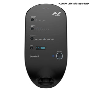 Control unit for inflatable compression wearable arm sleeves made by Normatec to provide users with increased circulation, decreased pain, quicker recovery from sports, and massage