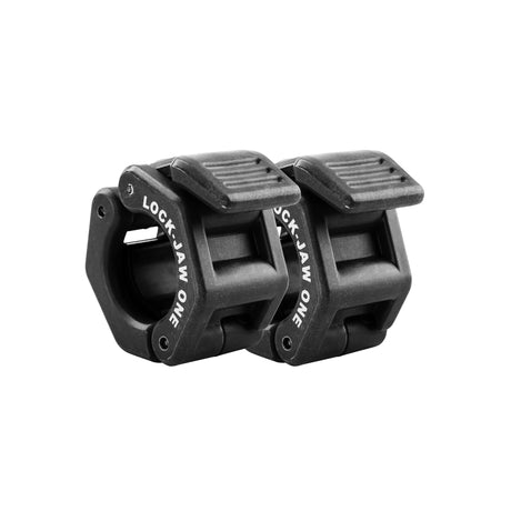 Lock-Jaw One commercial-grade barbell collars in black, red, and pink, designed for one-inch diameter bars; includes 1-year commercial warranty.