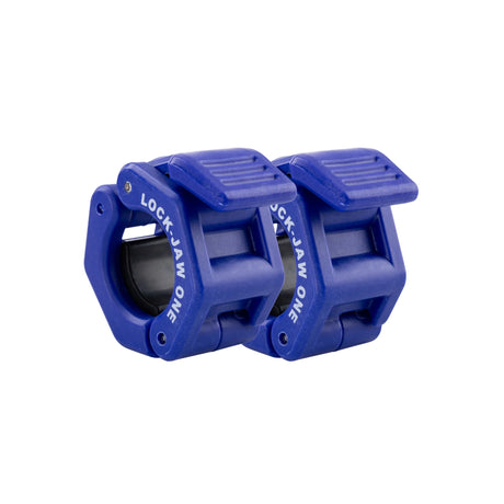 Two blue 'Lock-Jaw One' weightlifting barbell collars on a white background