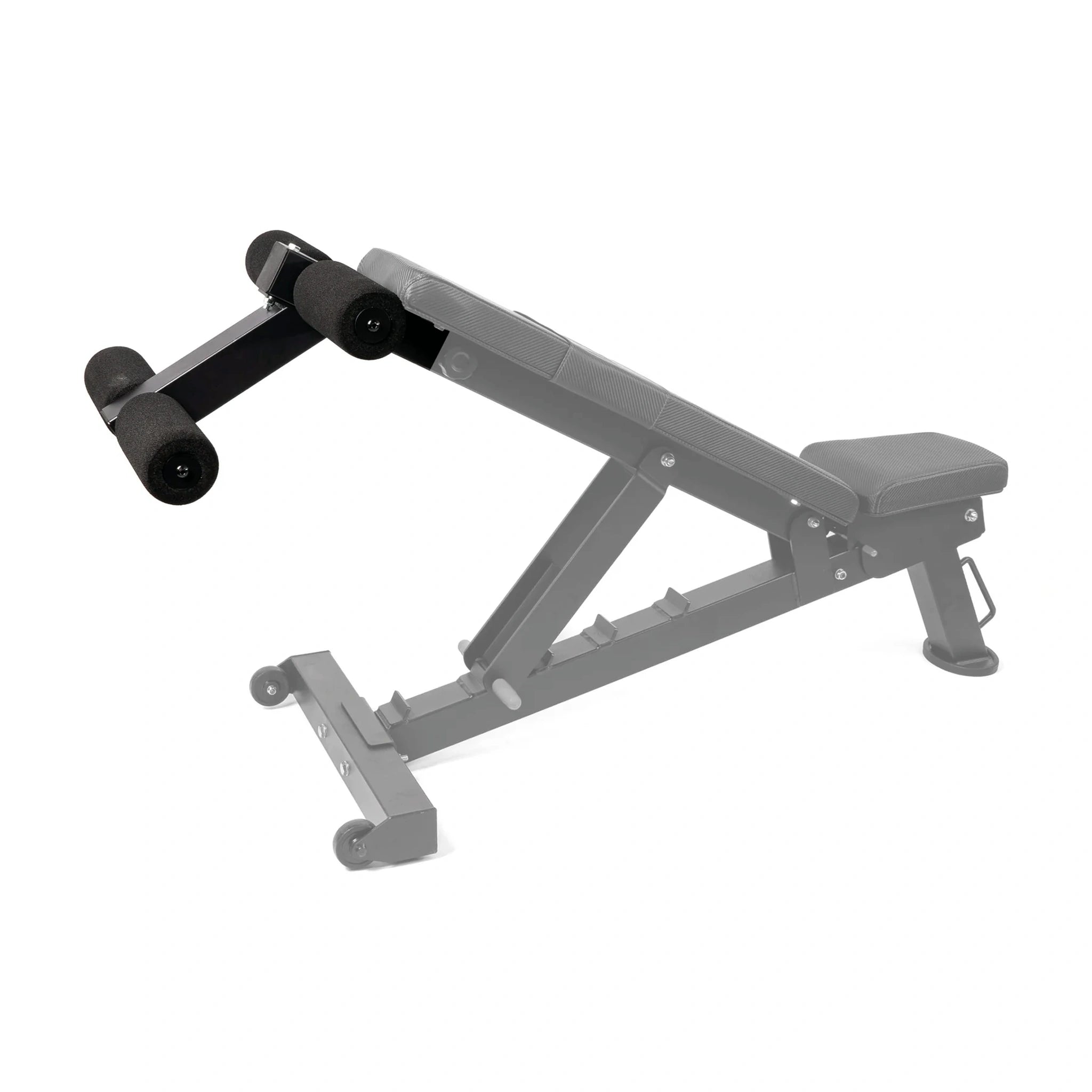 A PowerBlock bench with a sit-up ab and core attachment attached to the back