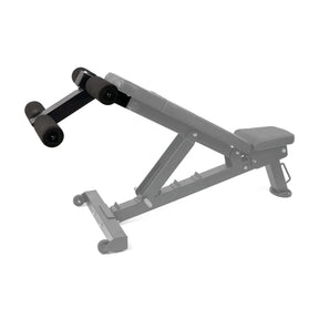 A PowerBlock bench with a sit-up ab and core attachment attached to the back