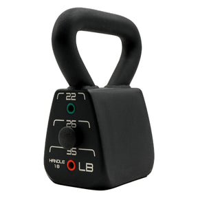 A PowerBlock Commercial Standard Adjustable Kettlebell with four weight options which include 18lb, 22lb, 26lb, and 35lb