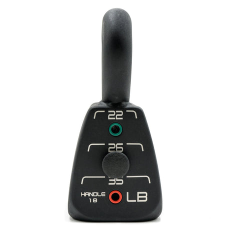 A PowerBlock Commercial Standard Adjustable Kettlebell with four weight options which include 18lb, 22lb, 26lb, and 35lb
