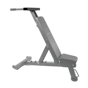 A PowerBlock bench with a dip attachment attached to the back