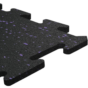 Close-up of an ECORE Athletic ECORE Rubber Floor Tiles - 8mm Interlocking tile in black with purple speckles, featuring a textured surface and puzzle-style edges for easy connection with other tiles.