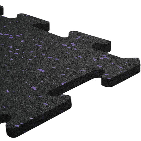 Close-up of an ECORE Athletic ECORE Rubber Floor Tiles - 8mm Interlocking tile in black with purple speckles, featuring a textured surface and puzzle-style edges for easy connection with other tiles.