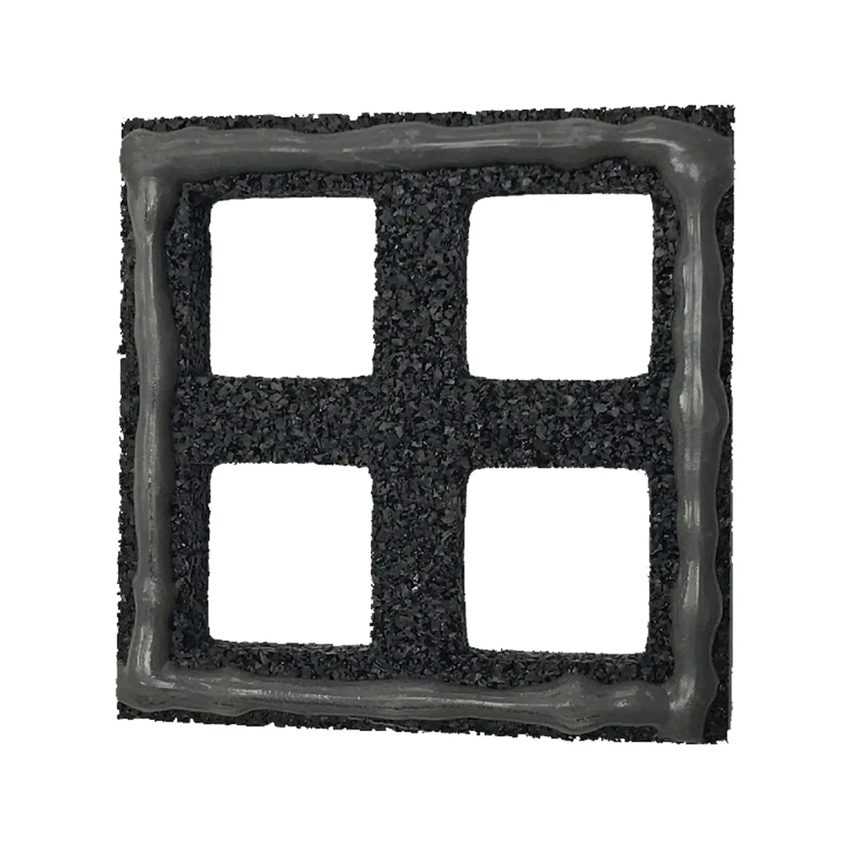 The ECORE Athletic Quad Blok Connector for 1" Tiles features a black, textured square design with four equal rectangular cutouts in a two-by-two grid and a shiny gray border outlining each cutout and the edges.