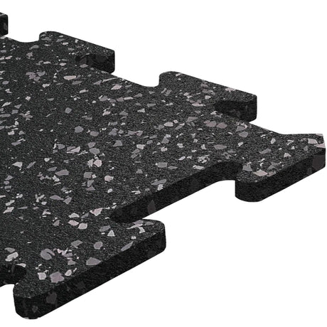 Close-up of ECORE Rubber Floor Tiles - 8mm Interlocking by ECORE Athletic, featuring a black tile with gray speckles, textured surface, and puzzle-like edges, shown isolated on a white background.