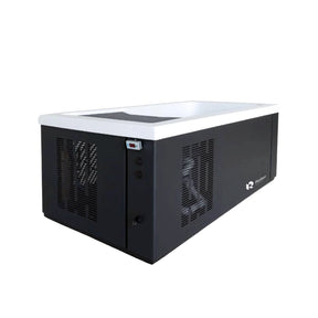 A rectangular cold plunge with a black exterior and white acrylic interior