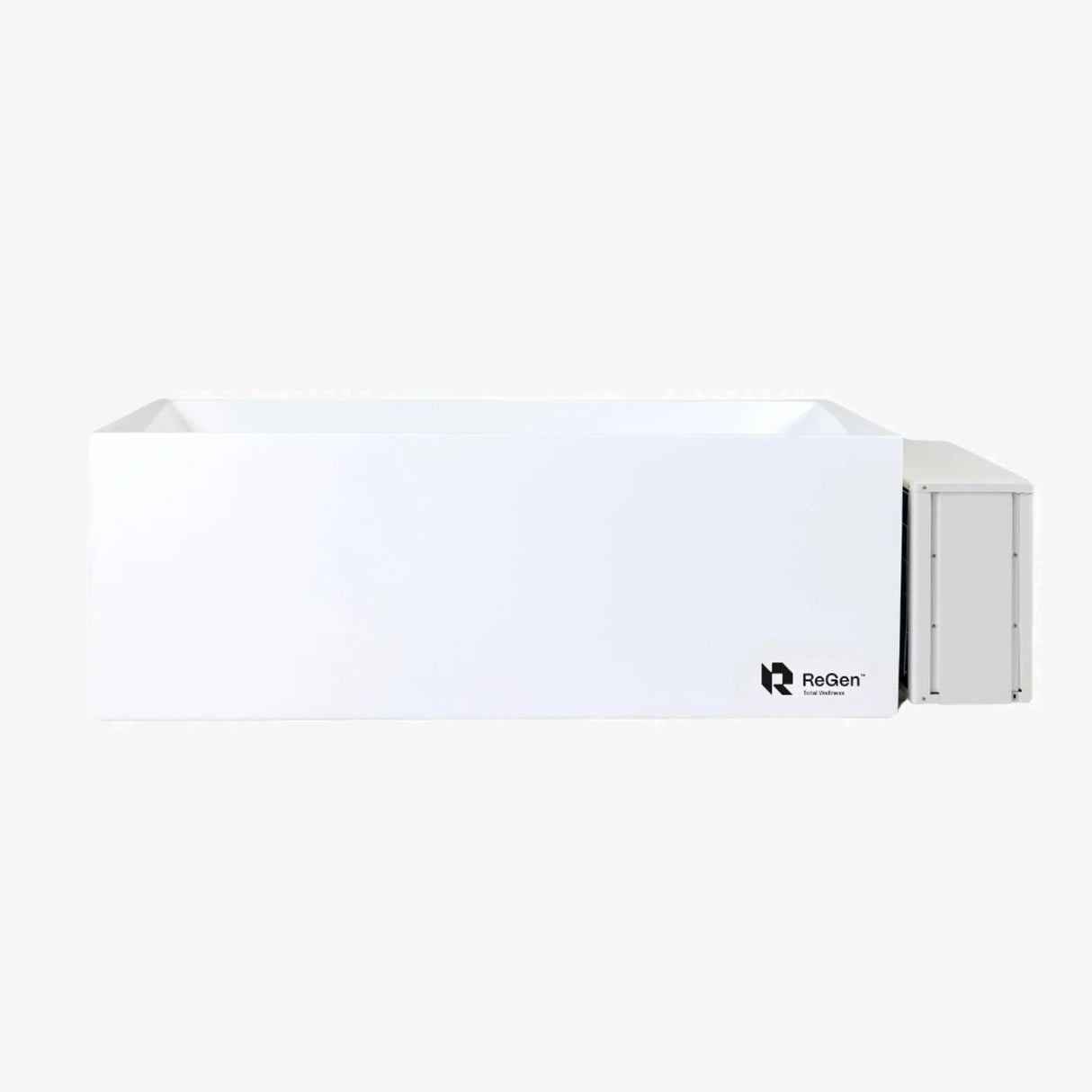 A rectangular cold plunge with a white exterior and a white external chiller unit on the right side of the plunge