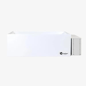 A rectangular cold plunge with a white exterior and a white external chiller unit on the right side of the plunge