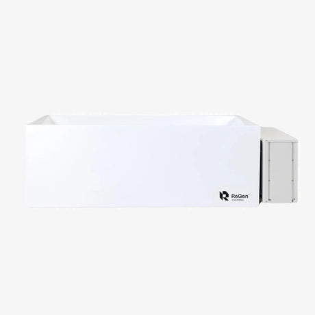 A rectangular cold plunge with a white exterior and a white external chiller unit on the right side of the plunge