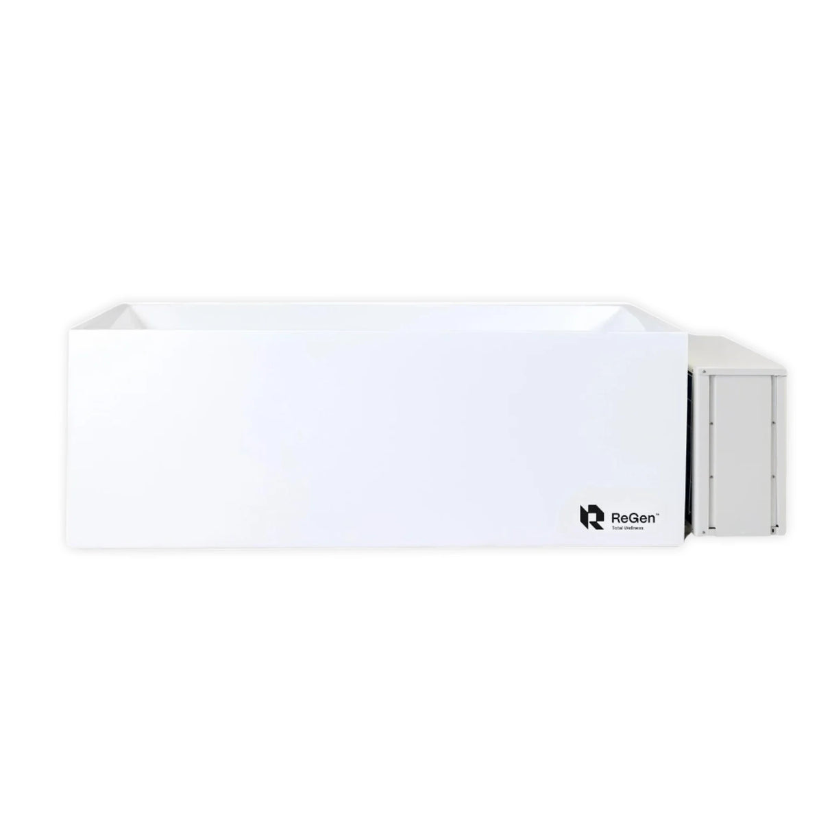 A white rectangular cold plunge with an external chiller