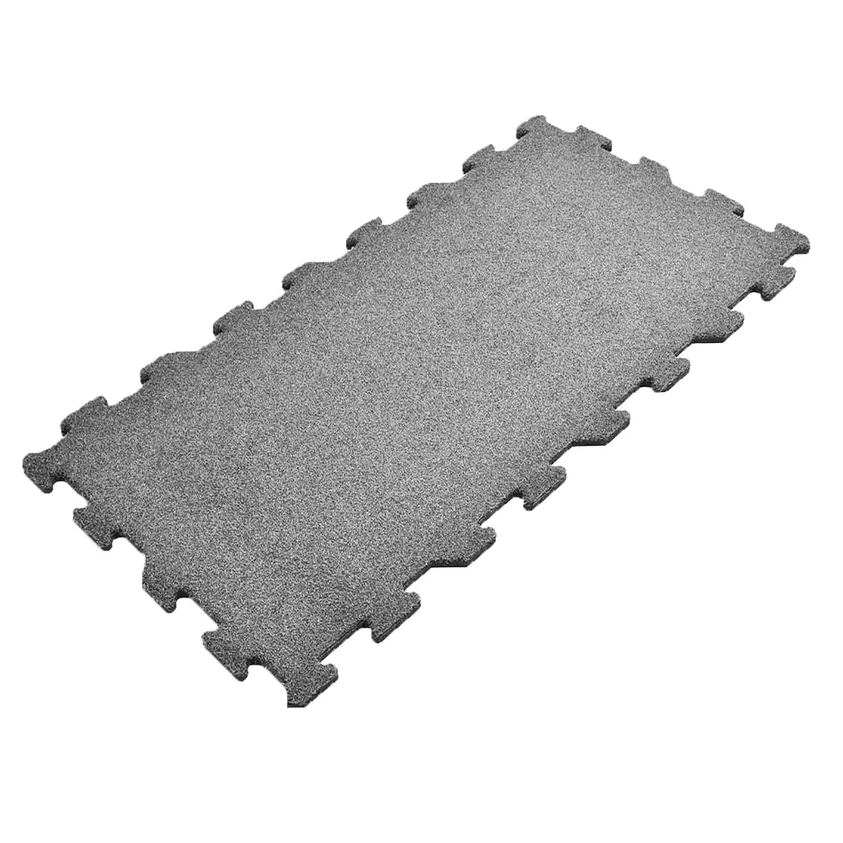 The ECORE RageTurf Rally Interlocking Tile by ECORE Athletic is a single 12mm gray rectangular turf tile with puzzle-like edges, made to connect with other tiles for a larger padded athletic surface.