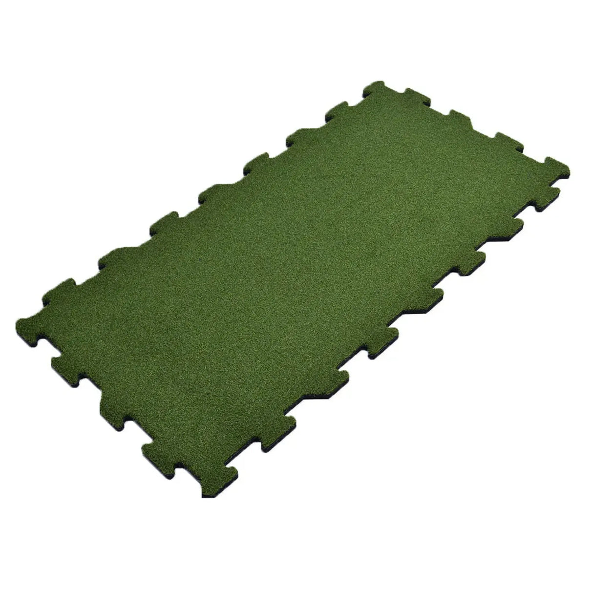 The ECORE RageTurf Rally Interlocking Tile by ECORE Athletic is a rectangular green 12mm athletic turf mat with a grass-like texture and puzzle-piece edges for easy connection.