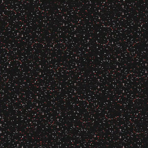 The ECORE Athletic Rubber Floor Tiles - 8mm Interlocking feature a black background with small red, white, and gray specks throughout, creating a look similar to a starry night sky or confetti.