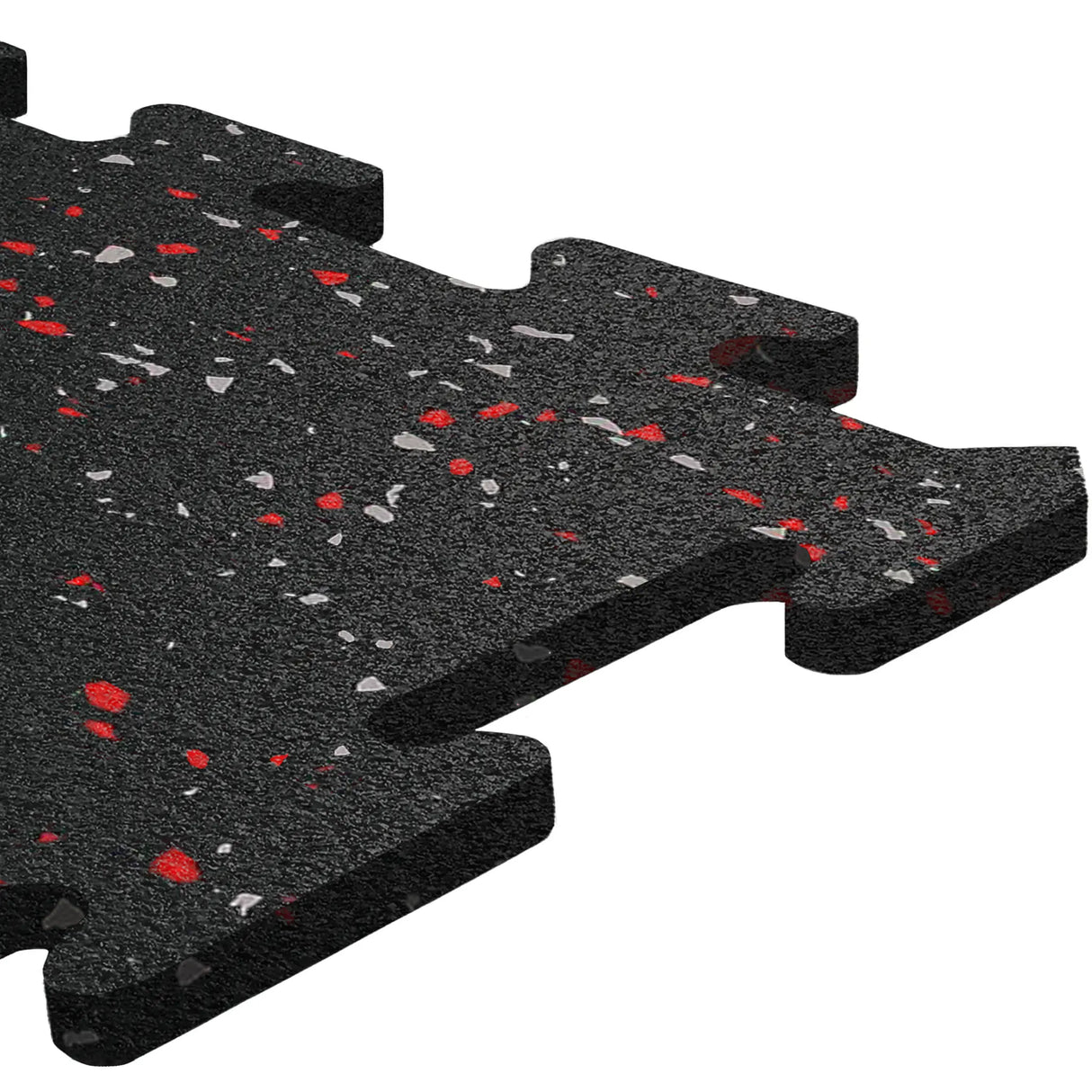 A close-up of ECORE Athletic's ECORE Rubber Floor Tiles - 8mm Interlocking, black with red and gray speckles, showcases the textured surface and puzzle-like edges for easy assembly.