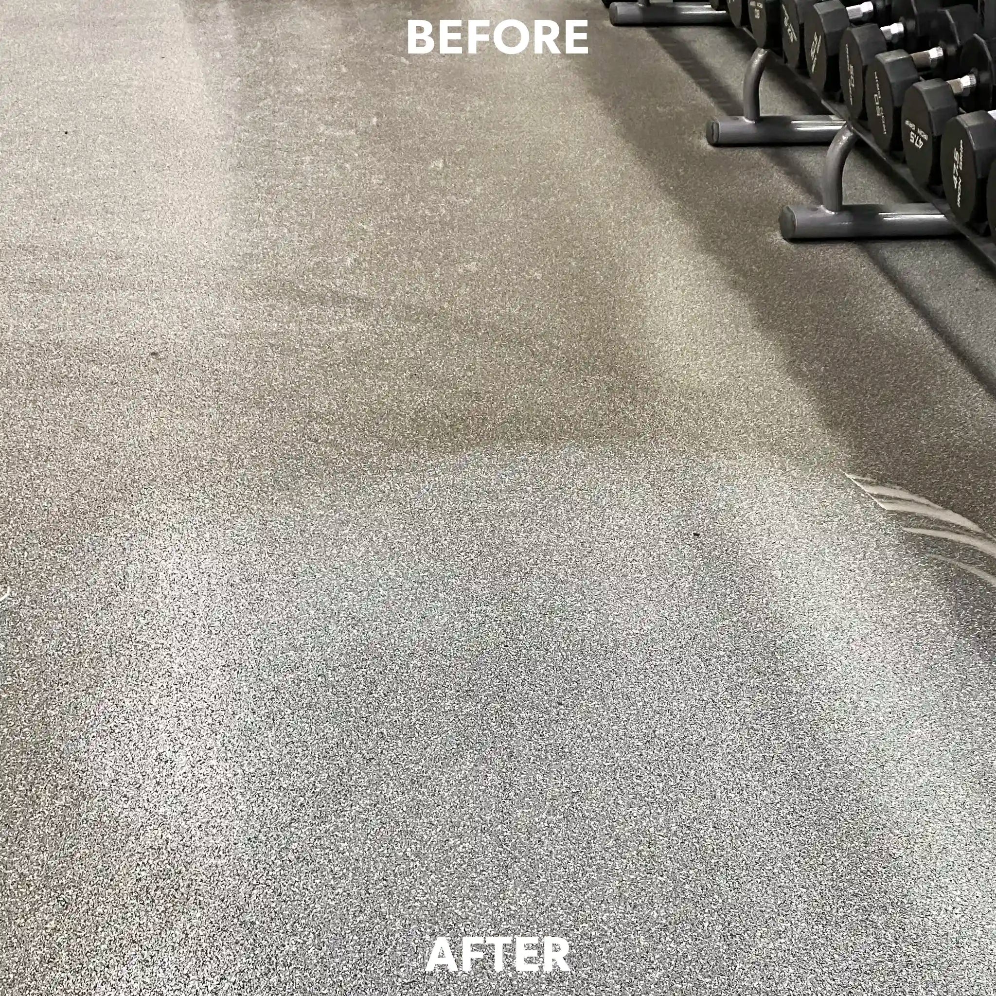 A before and after photo showing a rubber weightlifting floor while it's dirty, then when it's been cleaned by ECORE Athletic e-cleaner. 