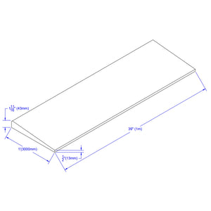 Isometric drawing of the ECORE Rubber Paver Sloped Edge Reducer, 12" Wide, by ECORE Athletic. Dimensions labeled: 39" (1 m) length, 11/16" (43 mm) height, and 12 13/16" (326 mm) width. All measurements shown in blue text.