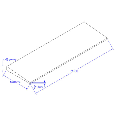 Isometric line drawing of the ECORE Rubber Paver Sloped Edge Reducer, 12" Wide by ECORE Athletic, with dimensions labeled: 39" (1m) long, 11/16" (43mm) thick, and 12-13/16" (325mm) wide. Measurements in blue text.