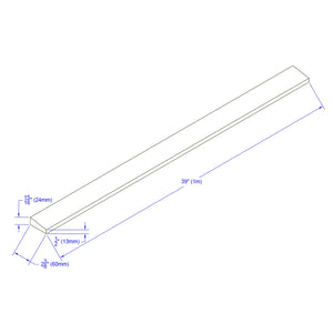 Isometric drawing of the ECORE Athletic ECORE Rubber Paver Sloped Edge Reducer, 12" wide, with dimensions: 39" (1m) long, 2 3/8" (60mm) wide, 1/2" (13mm) thick, and 15/16" (24mm) high at one end. Includes blue dimension lines.