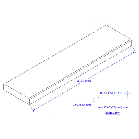 Isometric and side view technical drawing of the ECORE Athletic ECORE Rubber Paver Square Edge, 39.30" (1m) long, 10" (254 mm) wide, 2" (50.4 mm) thick, with a 0.25" bevel on one edge; blue dimension lines visible.