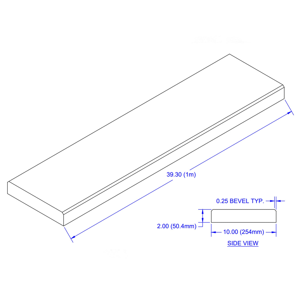 Isometric drawing of ECORE Rubber Paver Square Edge by ECORE Athletic: 39.30" (1m) long, 10" wide (254mm), 2" thick (50.4mm), with a 0.25" bevel on one edge. Side view included.