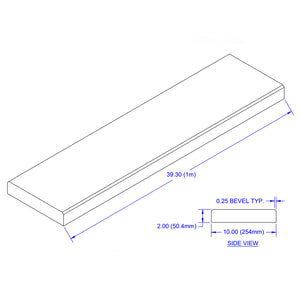 Isometric drawing of ECORE Rubber Paver Square Edge by ECORE Athletic: 39.30" (1m) long, 10" wide (254mm), 2" thick (50.4mm), with a 0.25" bevel on one edge. Side view included.