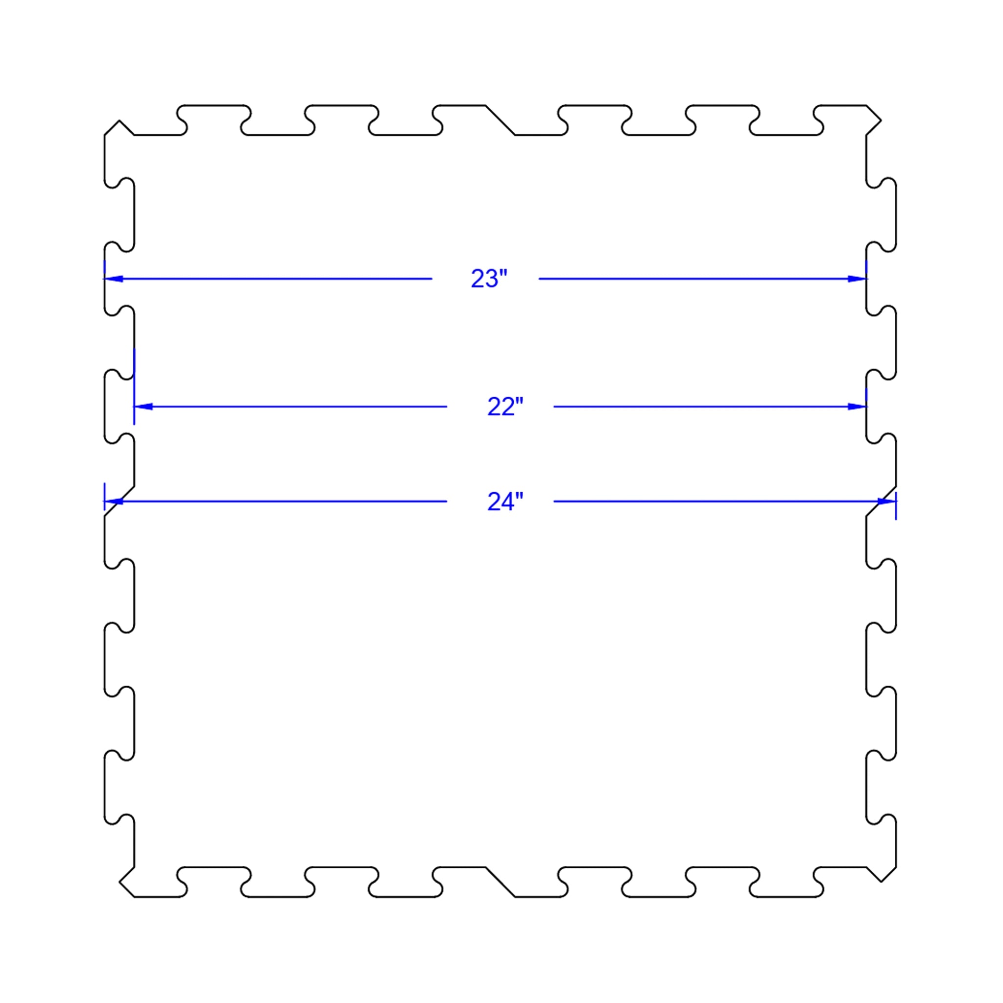 Diagram of an ECORE Athletic ECORE Rubber Floor Tiles - 8mm Interlocking mat with interlocking edges, featuring three parallel horizontal blue arrows inside labeled 23", 22", and 24".
