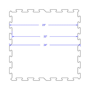 The ECORE Athletic ECORE Rubber Floor Tiles - 8mm Interlocking are square tiles featuring puzzle-like edges and three blue arrows indicating widths of 23", 22", and 24".