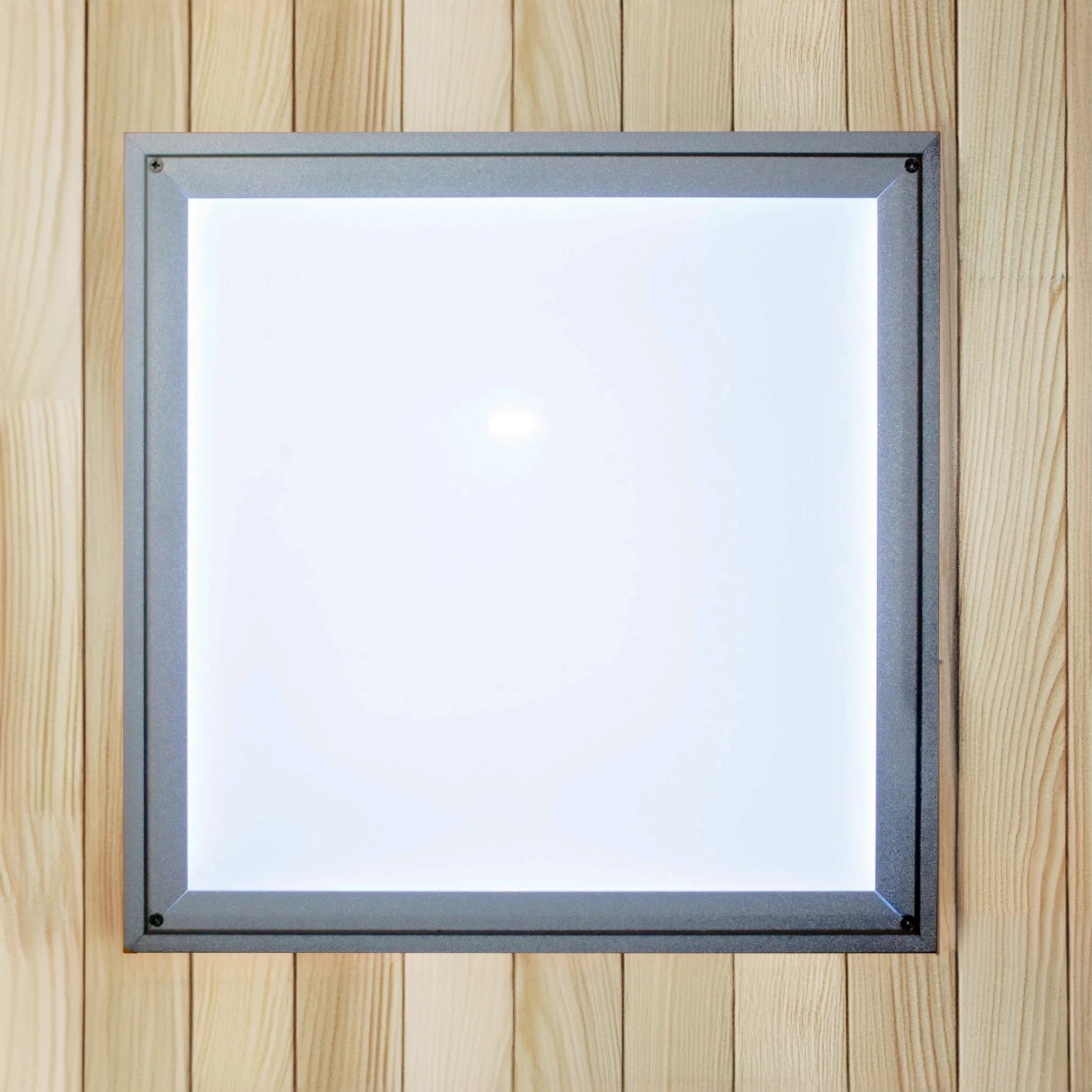 Overhead chromotherapy lighting fixture from inside a sauna