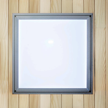 Overhead chromotherapy lighting fixture from inside a sauna