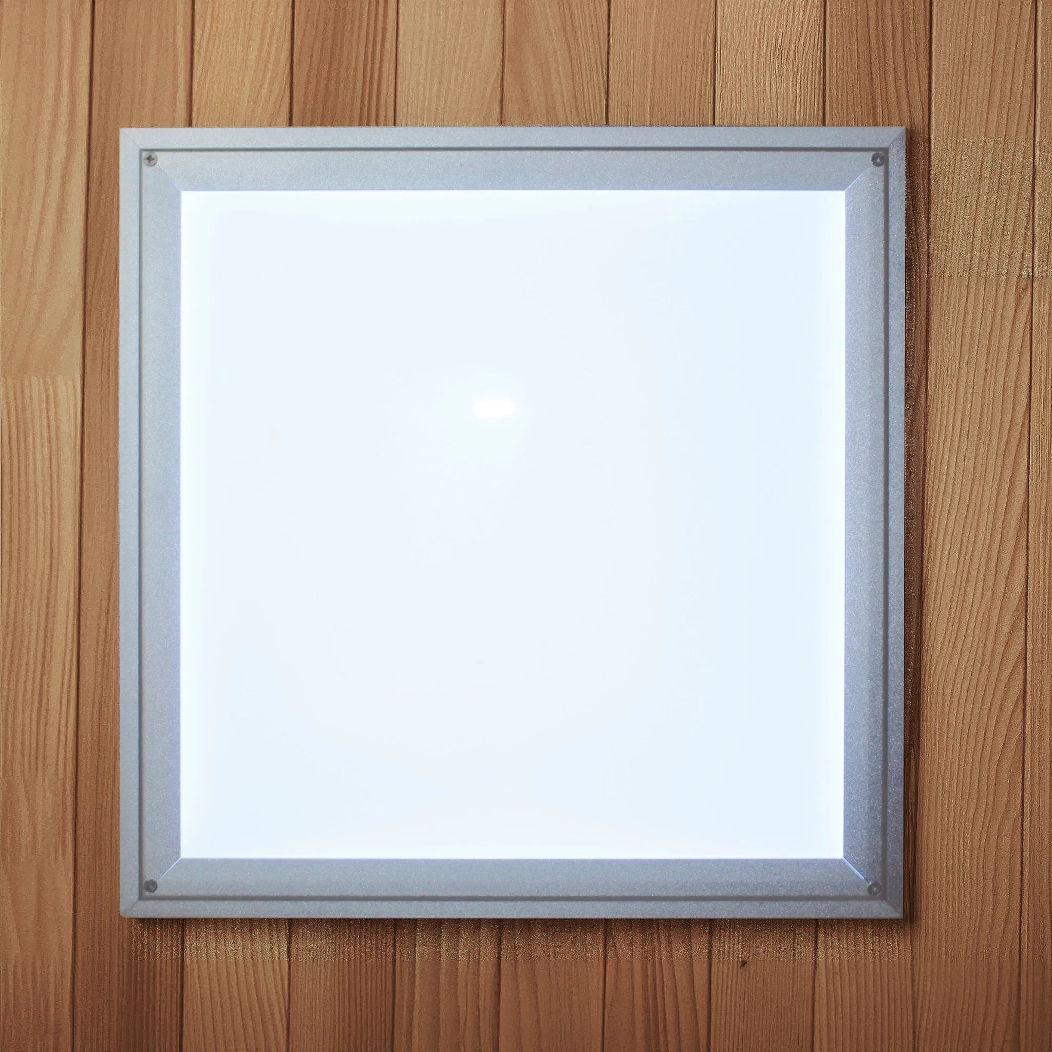 The interior white chromotherapy lighting cover inside a wooden sauna