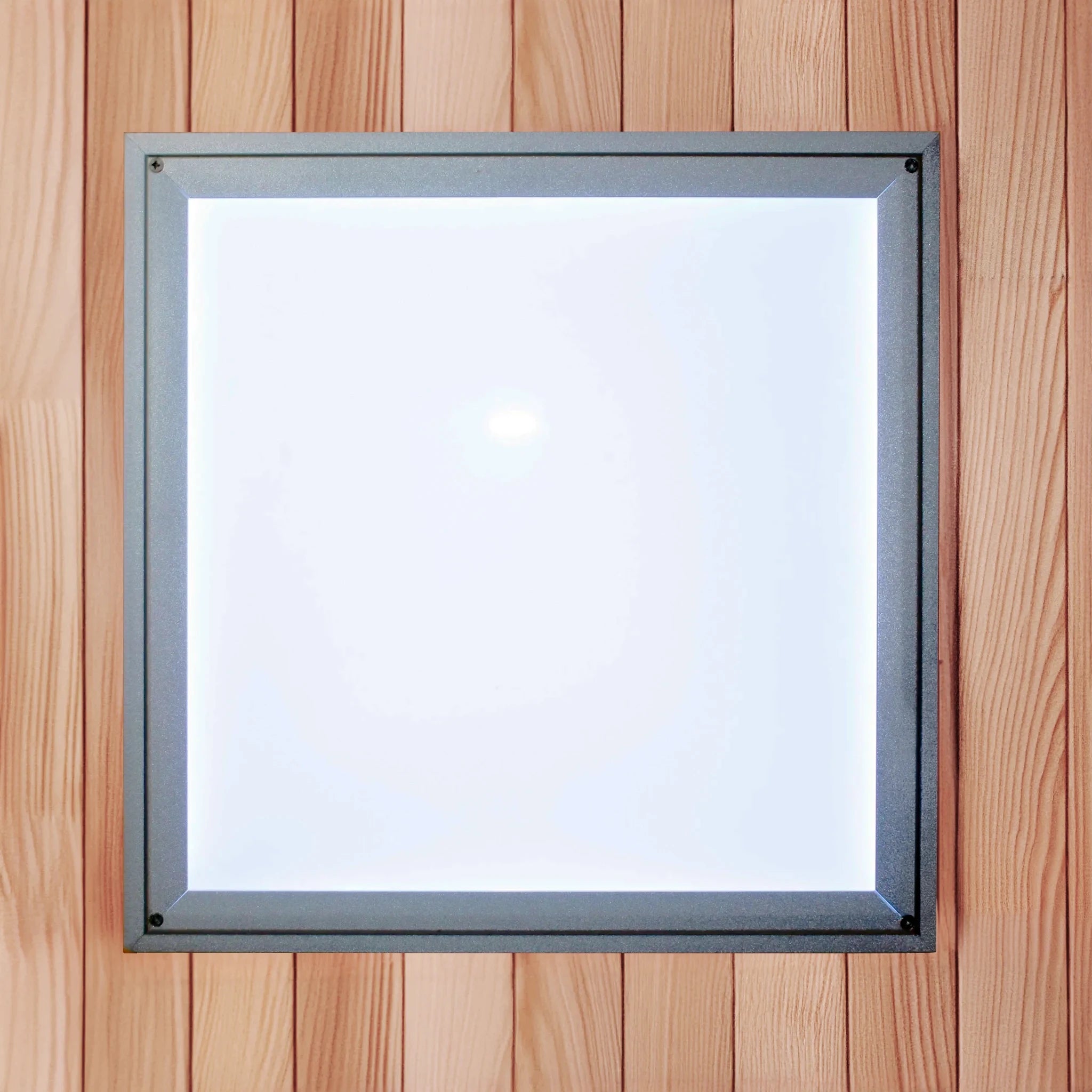 White overhead chromotherapy light found inside of a sauna