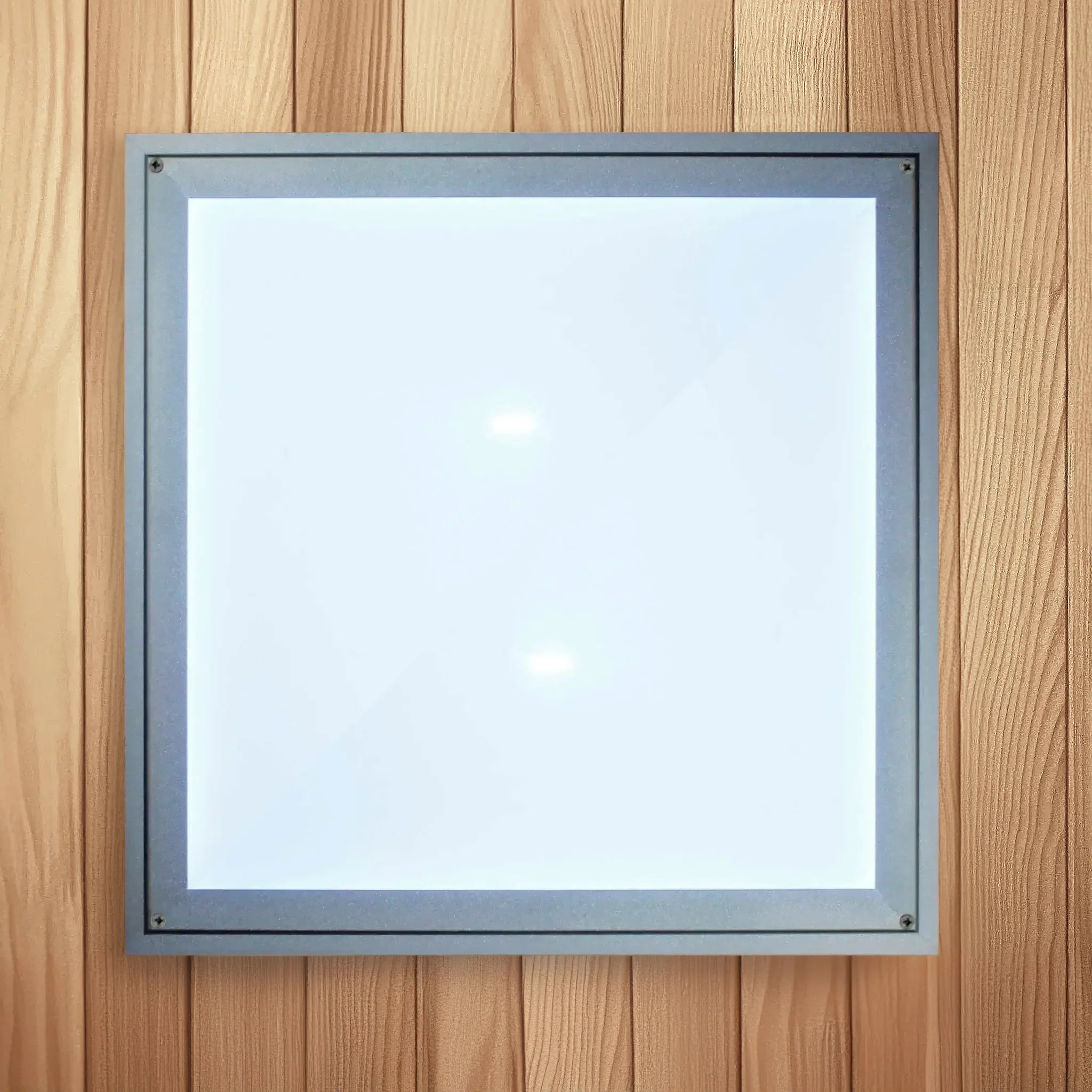 Overhead chromotherapy lighting cover from inside of a sauna