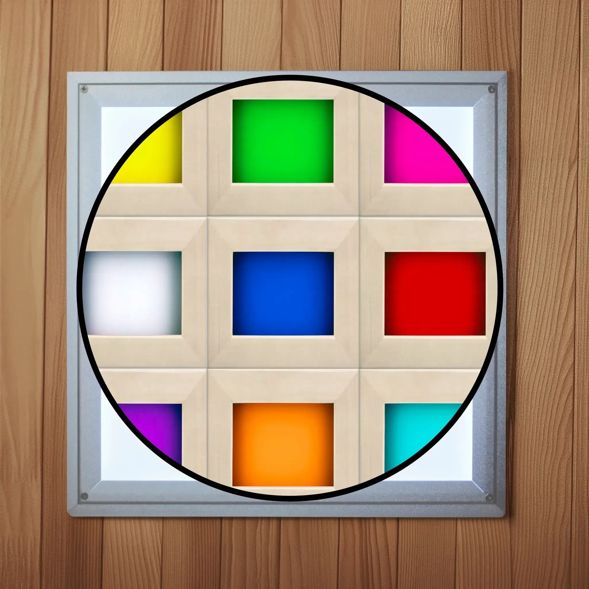 Overhead chromotherapy lighting fixture inside a sauna