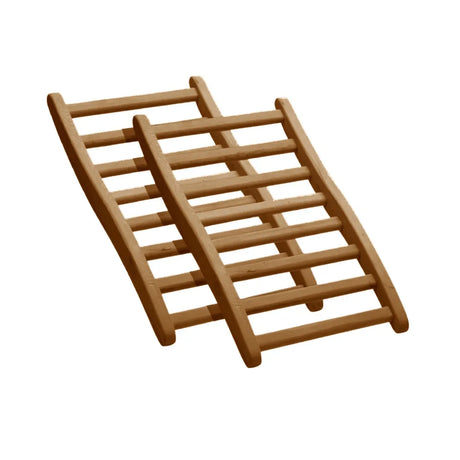 Two wooden backrests with parallel wooden rungs for inside of a sauna