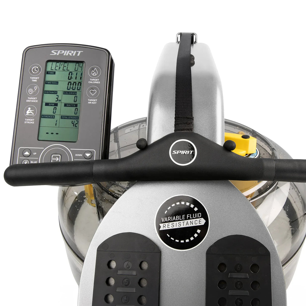 Spirit Fitness CRW900 commercial grade water rower with dual aluminum rails and adjustable height seat