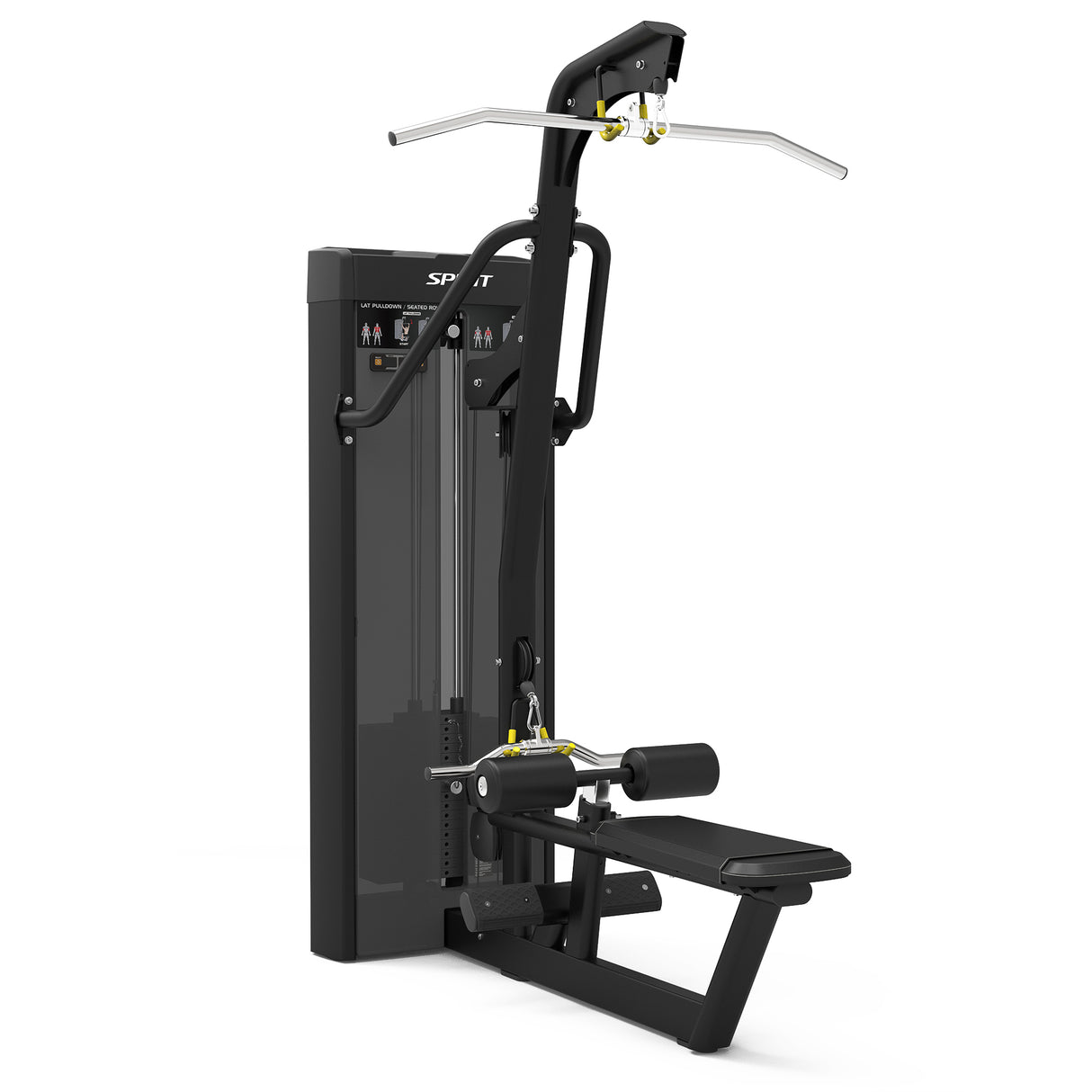 Spirit Fitness CSD-LPSR - Dual Function Lat Pulldown Seated Row machine with Integrated Rep Counter and Timer, 200 lb. Weight Stack, 5 lb. Weight Stack Increments, 12-Guage Steel Construction, and Electrostatic Applied Black Powder Coat