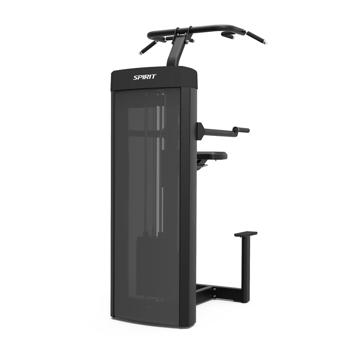 The Spirit Fitness CSD-PUDA Dual Pull Up/Dip Assist is a black, upright machine with top and side handles, a padded knee rest, and an enclosed weight stack in a sleek frame for assisted pull-ups and dips.
