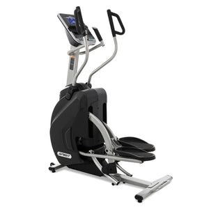 The Spirit Fitness XS895 Adjustable Incline HIIT Stepper by Spirit Fitness features a digital display, black and silver frame, large foot pedals, and moving handlebars for a modern full-body workout.