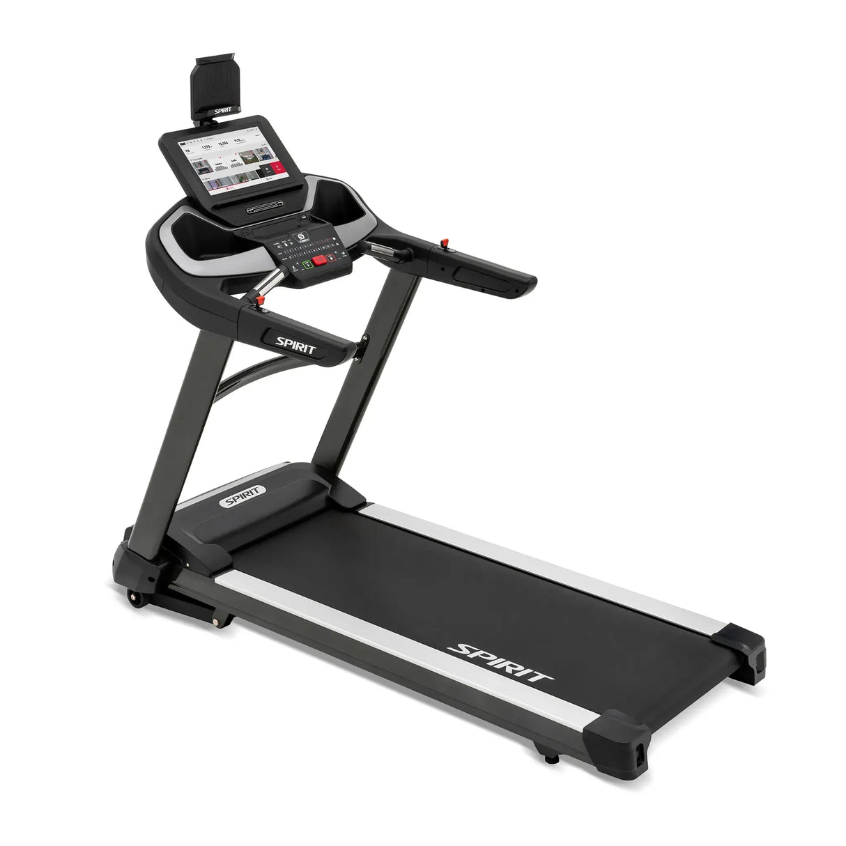 The Spirit Fitness XT685ENT Treadmill by Spirit Fitness features a black and gray design, digital display, control buttons, cup holders, and a wide running belt, shown against a white background.