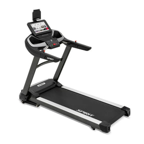 The Spirit Fitness XT685ENT Treadmill by Spirit Fitness features a black and gray design, digital display, control buttons, cup holders, and a wide running belt, shown against a white background.