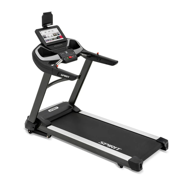 The Spirit Fitness XT685ENT Treadmill by Spirit Fitness features a black and gray design, digital display, control buttons, cup holders, and a wide running belt, shown against a white background.