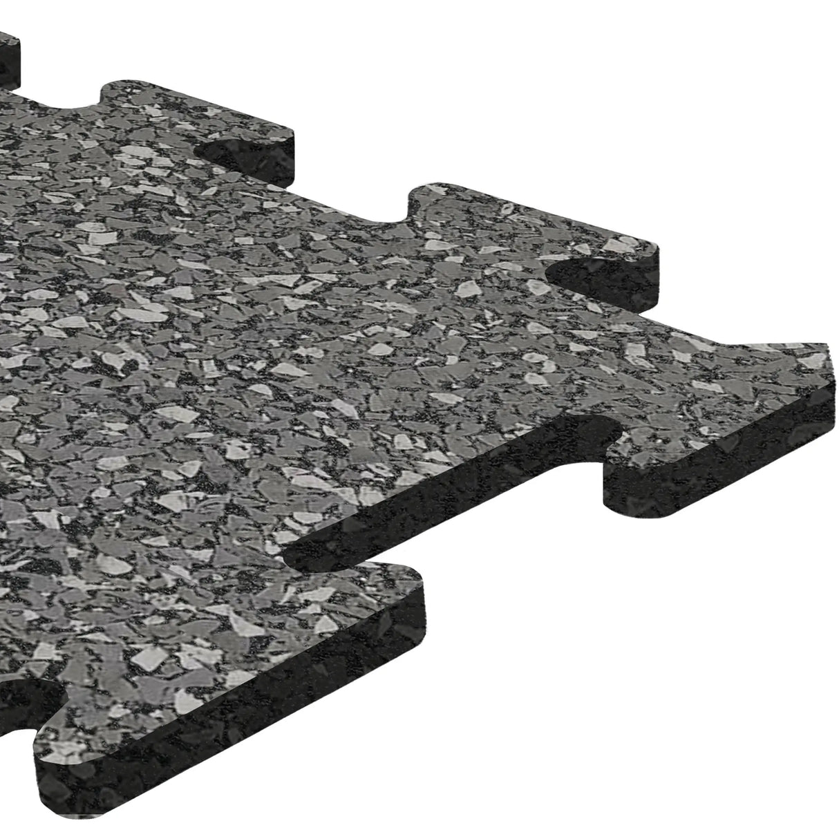 A close-up of an ECORE Athletic ECORE Rubber Floor Tile - 8mm Interlocking, featuring a gray speckled design and puzzle-like edges, shown against a white background.