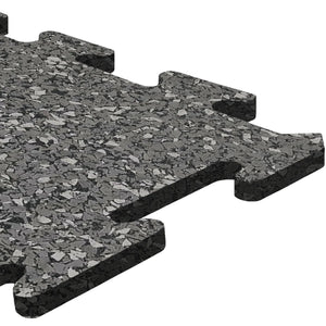 A close-up of an ECORE Athletic ECORE Rubber Floor Tile - 8mm Interlocking, featuring a gray speckled design and puzzle-like edges, shown against a white background.