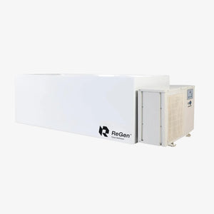 A rectangular cold plunge with a white exterior and a white external chiller unit on the right side of the plunge