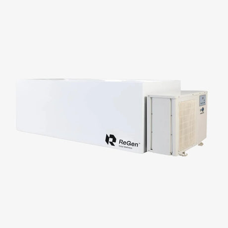 A rectangular cold plunge with a white exterior and a white external chiller unit on the right side of the plunge